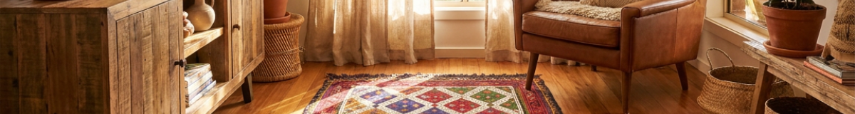 Wide view of an antique Anatolian rug in a warm interior