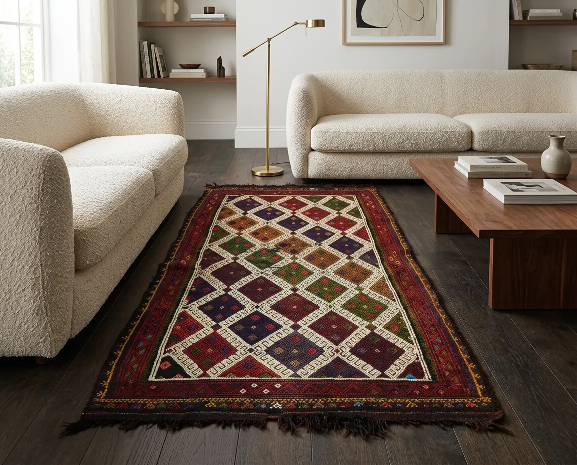 The same cicim rug between two cream bouclé sofas on dark wood flooring