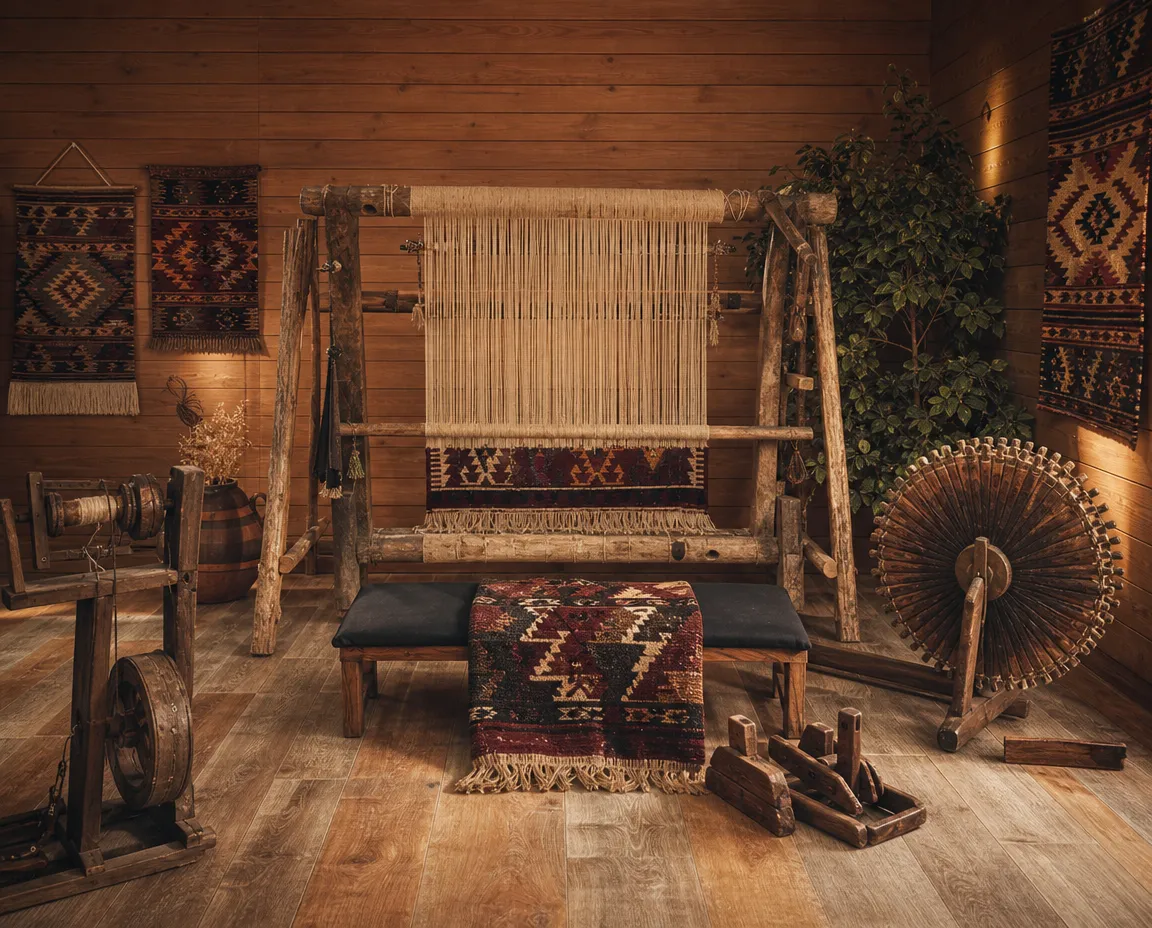 Vertical village loom half woven with a kilim, beside spinning wheels and hand tools